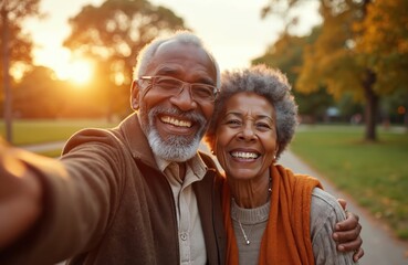 Elderly African American couple smiles for selfie in park during autumn sunset. They embrace happily, enjoying nature and each others company. Cherishing their time together outdoors.