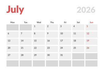 Monthly page Calendar Planner Template design of July 2026. Vector layout of calendar with week start Monday for Scheduling. Page for size A4 or 21x29.7 cm