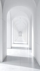Fototapeta premium An endless corridor of white arched ceilings and walls, bathed in natural light, creating a sense of depth and perspective