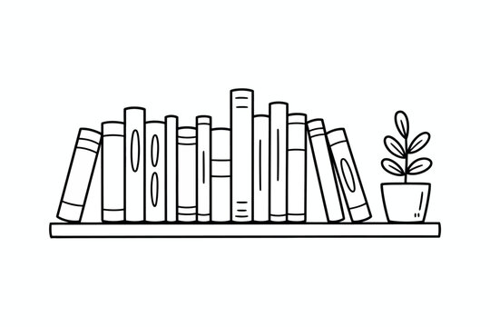 Hand drawn illustration of a bookshelf filled with books and a small potted plant