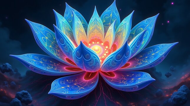 Fractal details in a unique psychedelic painting: A colossal lotus flower with glowing neural pathways extending into a star-filled cosmic soup, subtly pulsing and forming iridescent droplets.