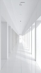 Obraz premium An endless, pristine corridor with bright, natural light filtering in. The space is entirely white, creating a minimalist effect