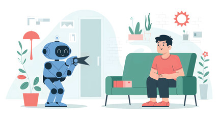 Blue robot offers black arrow to smiling man on sofa
