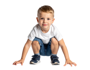 Boy crouching on the ground isolated on white background, transparent PNG