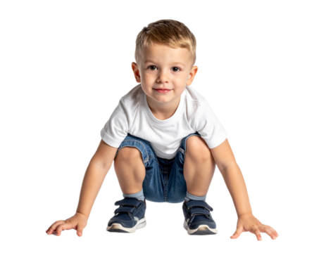 Boy crouching on the ground isolated on white background, transparent PNG