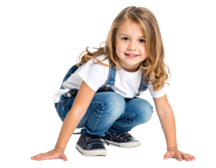 Happy little girl crouching down isolated on white background, transparent PNG