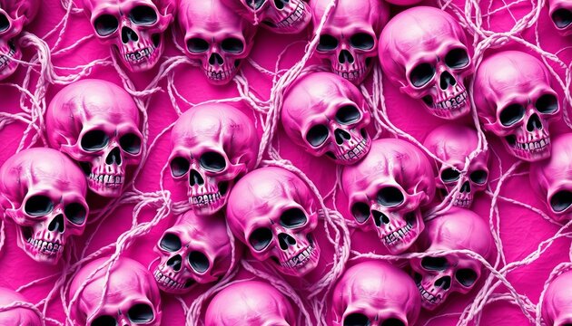 Pink Halloween seamless pattern featuring ghostly skulls entangled in cobwebs, seamless, clipart
