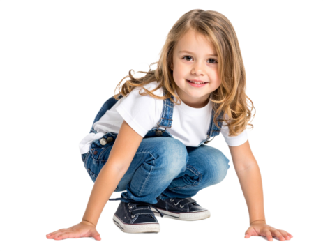 Happy little girl crouching down isolated on white background, transparent PNG - Powered by Adobe