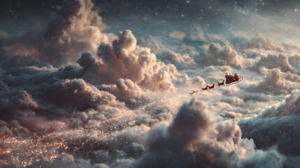 Santas sleigh emerging through midnight clouds, cinematic motion depth and magical realism tone