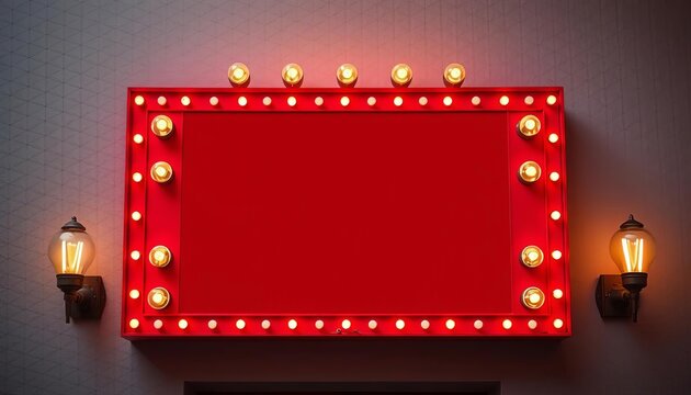 Retro red marquee signboard with vintage light bulbs, rectangle frame, copy space, lights, sale - Powered by Adobe