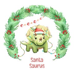 Baby Triceratops dinosaur under wreath has garland Adorable funny Christmas holidays character