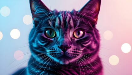 Neon-Lit Tabby Cat Close-Up with Heterochromatic Eyes