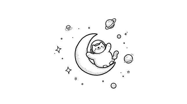 Light and airy coloring book illustration: A playful cat astronaut floating on a tea-holding crescent moon, with stars and planets, rendered in clean, thin lineart for a whimsical aesthetic.