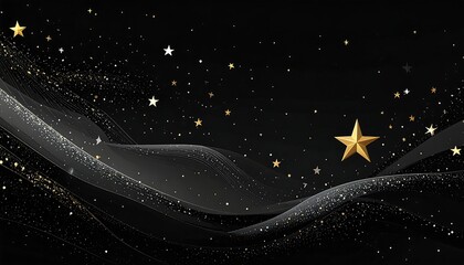 An abstract, luxurious dark background with flowing, rippling lines and scattered gold star details, creating a celebratory atmosphere