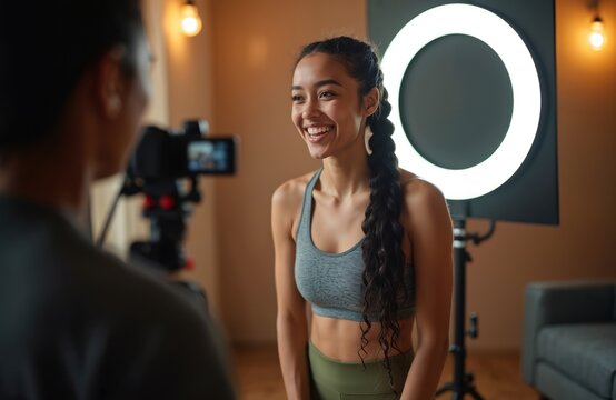 Young woman in sports bra, leggings filmed by camera person in studio with pro lighting. Female fitness influencer records workout routine video. Happy lady with long black hair in braid smiles.