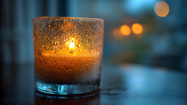Candle flame flickering in frosted glass jar, HDR tone balance and tranquil warmth