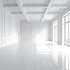 An expansive, pristine, all-white interior space with architectural detailing, high ceilings, large windows, and a glossy floor