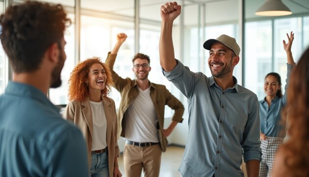 Happy business team celebrating success in modern office. Diverse young colleagues cheering with arms raised high. Pro group laughs, smiles, feeling motivated after teamwork victory, achieving goal.