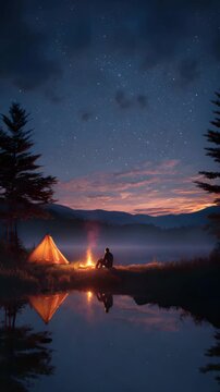 Escape under the stars camping by tranquil lake, a moment of peace and reflection by the glowing firelight in nature's embrace for mindfulness seekers