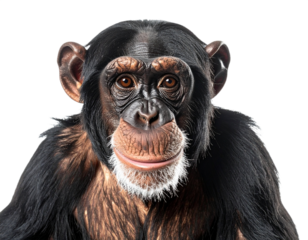 Chimpanzee face portrait isolated on white background, transparent PNG