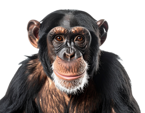 Chimpanzee face portrait isolated on white background, transparent PNG