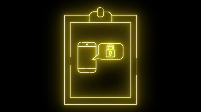 Yellow neon shows clipboard with phone  unlocked padlock icon on black background