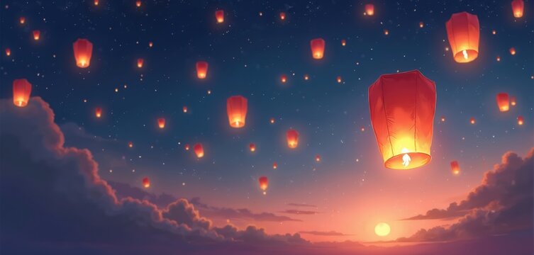 Red paper lanterns float in starry night sky above clouds. Beautiful asian festival with glowing lamps released for hope, wishes. Magical twilight celebration spirituality dreams, new beginnings. Air