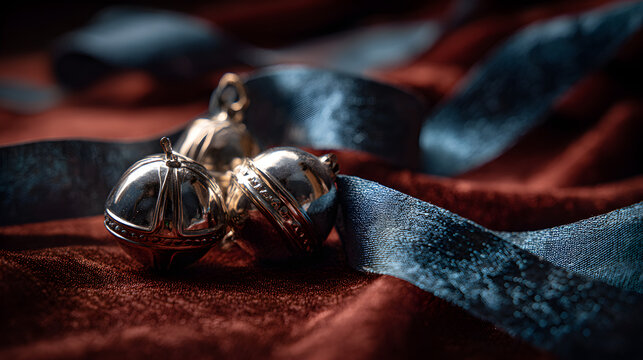 Silver bells resting on velvet ribbon, macro focus and timeless festive warmth