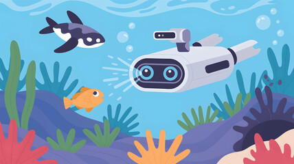 Orca and robot submarine explore underwater coral reef