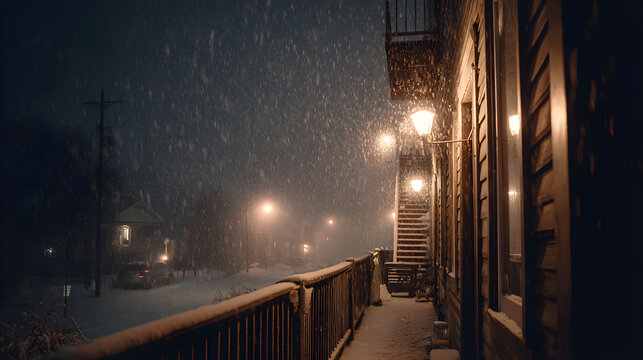 Snowstorm illuminated by lamplight, cinematic exposure and peaceful atmospheric mood