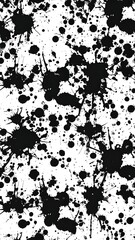 Black ink splatters and blots cover a white background, forming a chaotic, high-contrast, artistic pattern. Some are small dots, others are large spreads
