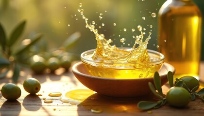 Illustration of fresh olive oil splashing in glass bowl. Image highlights oil vibrant color and movement. Olives and bottles add context. Wooden table with natural light is at background.