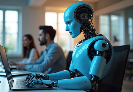 Humanoid robot works with humans in open office. AI cyborg uses laptop. Robotic assistant types on keyboard near colleagues. Automation, innovation, recruitment, workplace, communication, future - Powered by Adobe