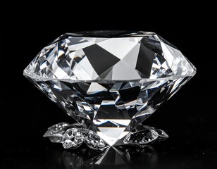 Close-up of a flawless, large, faceted gem, set against a stark, black background. It sparkles and reflects light brilliantly