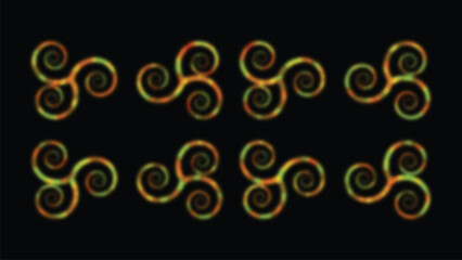 Radiant swirling triple-spiral designs arranged in repeating colorful formations with smooth luminous effect