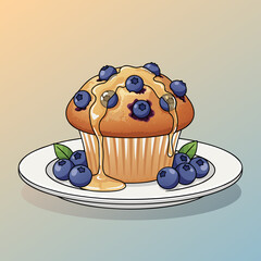 A delicious blueberry muffin topped with honey and fresh blueberries, served on a white plate with mint leaves.