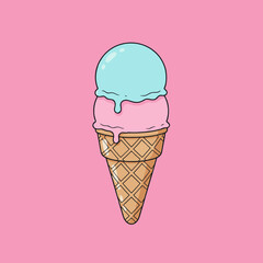 Cartoon illustration of a two-scoop ice cream cone with blue and pink flavors melting on a vibrant pink background.