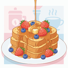A stack of golden French toast topped with fresh strawberries, blueberries, butter, and maple syrup being poured over it, with faint background elements.