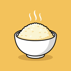 A simple cartoon illustration of a white bowl filled with hot, steaming white rice on a plain yellow background.