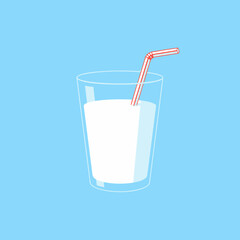 A clear glass filled with white milk and a red striped straw on a light blue background.