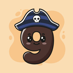A cute cartoon number nine character wearing a pirate hat with a skull and crossbones emblem on a light background.