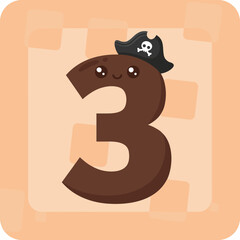 Cute cartoon brown number 3 wearing a pirate hat with a skull and crossbones on a light orange background.