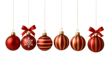 Elegant red ornaments with gold stripes, snowflake, and bows hanging in a row isolated on transparent background.  Perfect festive holiday decor for seasonal cheer.