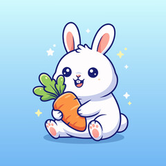 Cute cartoon white rabbit holding a large orange carrot with green leaves, smiling happily on a blue background with sparkles.