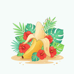 A vibrant illustration of a partially peeled banana with a straw, surrounded by tropical leaves and red hibiscus flowers on sandy ground.
