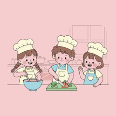 Three happy children in chef hats and aprons cooking together in a kitchen, learning to prepare food.