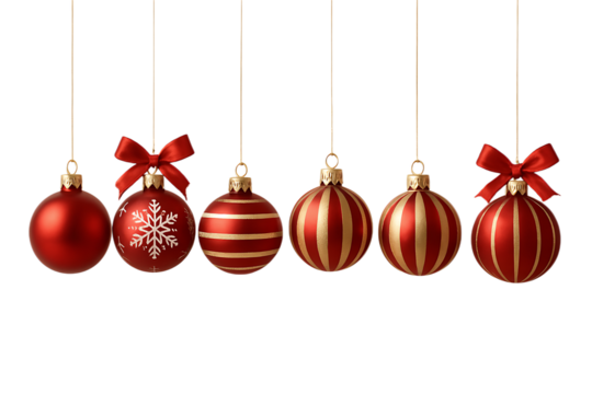 Elegant red Christmas ornaments with gold stripes, snowflake, and bows hanging in a row isolated on transparent background. Perfect festive holiday decor for seasonal cheer.