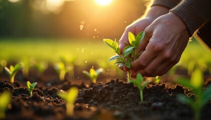 Fototapeta premium Person plants seedling in fertile soil at sunrise. New growth emerges in agricultural field. Farmer cultivates young plants for sustainable farming and food production. Healthy crop.