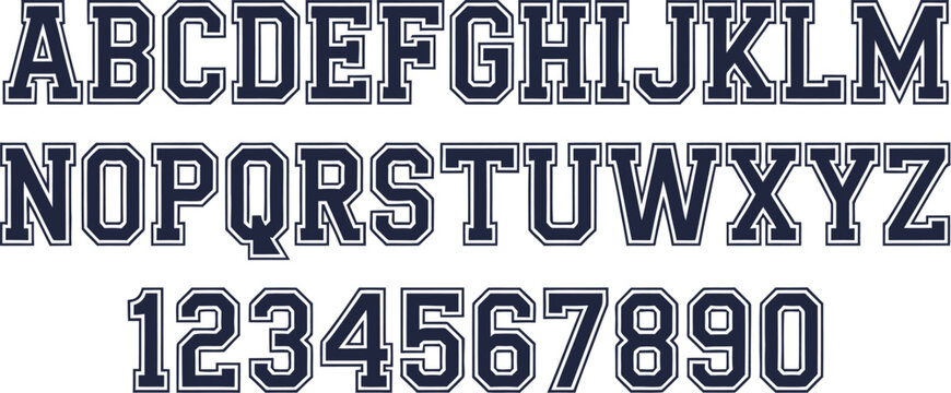 Varsity Athletic Alphabet and Numbers Vector Set - Navy Blue Collegiate Font
