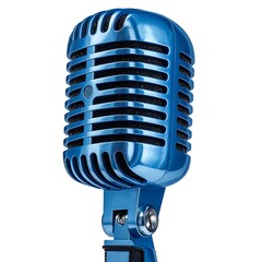 Close-up of a vibrant, glossy blue vintage microphone, isolated against a plain white background, highlighting its retro design